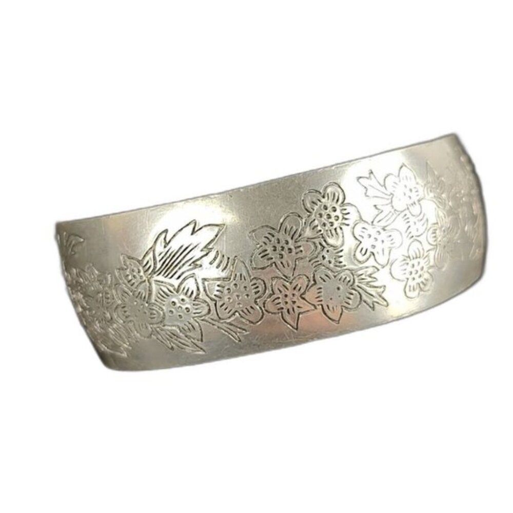 80s Leonard Pewter "Larkspur" Floral Etched  Cuff Bracelet Vintage 6 1/4"